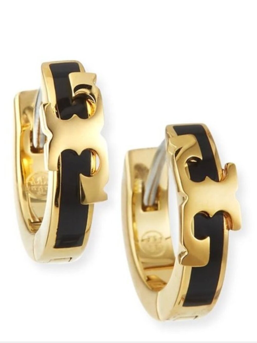 Tory Burch Kira Enamel Huggie Hoop Earrings Black & Gold Double T Logo Hinged Ho